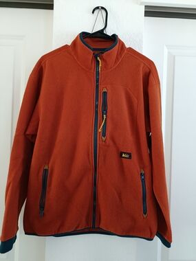 REI Men's Rust Orange Full-Zip Fleece Jacket with Teal Trim